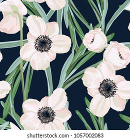 Hellebore Anemone Christmas Winter Rose Floral Seamless Pattern Texture. Pink Black Flowers With Green Leaves Foliage On Dark Navy Blue Background. Botanical Vector Illustration. Dark Background.