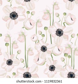 Hellebore anemone Christmas winter rose floral seamless pattern texture. Pink black flowers with green leaves foliage on white navy blue background. Botanical vector illustration.