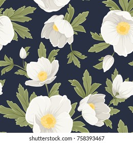 Hellebore anemone christmas winter rose floral seamless pattern texture. White yellow flowers with green leaves foliage on dark navy blue background. Vector design illustration.