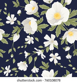 Hellebore anemone and gypsophila babys breath floral seamless pattern texture. White Christmas winter rose flowers green leaves foliage on dark navy blue background. Botanical vector illustration.