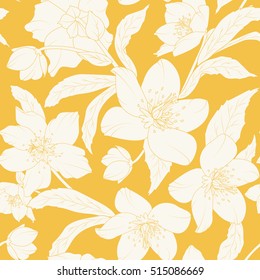 Hellebore Christmas rose flowers pattern. Winter rose. Lenten rose. Helleborus niger. Detailed elegant outline sketch drawing on bright yellow. Seamless background. Vector design illustration.