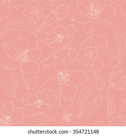 Hellebore evergreen flowers seamless pattern. Christmas winter rose. Beige outline on light pink background. Lily, poppy flowers pattern. Tulips pattern. Peonies flowers.