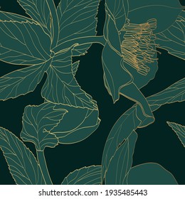 Hellebore floral foliage garland seamless pattern. Christmas winter rose flowers. Detailed outline golden sketch. Deep green background.