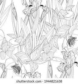 Hellebore floral foliage garland seamless pattern. Christmas winter rose and many garden flowers. Detailed outline black white line sketch.