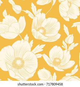 Hellebore Flowers Bloom Blossom Seamless Pattern. Winter Christmas Rose. Lenten Rose. Helleborus Niger. Detailed Floral Foliage Drawing. Vector Design Illustration. Bright Yellow Orange Background.