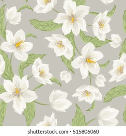Hellebore flowers blossom seamless pattern. Winter rose. Christmas rose. Lenten rose. Detailed floral foliage drawing. Vector design illustration. White, yellow, green on grey background.
