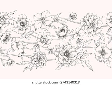 Hellebore flowers seamless horizontal border with detailed various foliage, intricate details and delicate forms. Elegant floral design elements. Hand drawn illustration