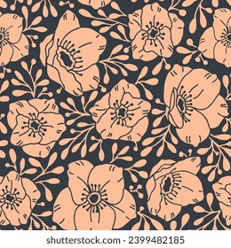 Hellebore Flowers Vector Seamless Pattern in Peach Fuzz Color. Winter Christmas Rose. Lenten rose. Helleborus niger.