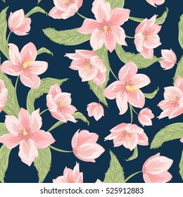 Hellebore sakura magnolia blooming flowers seamless pattern. Pink petals, green leaves, dark indigo blue background. Floral vector design illustration. Christomas winter rose. Helleborus niger.