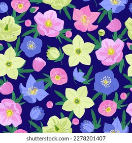 Hellebores floral seamless pattern vector. Colorful winter rose flowers green leaves on dark navy blue background. Botanical vector illustration
