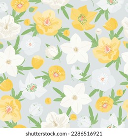 Hellebores floral sin costura vectorial. Color vintage invierno rosa flores helleborus hojas verdes sobre fondo gris. Ilustración vectorial de resorte botánico