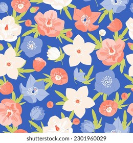 Hellebores floral sin costura vectorial. Color vintage invierno rosa flores helleborus hojas verdes sobre fondo azul. Ilustración vectorial de resorte botánico