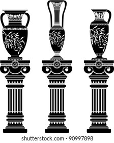hellenic jugs with ionic columns.stencil. second variant. vector illustration
