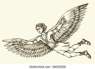 Hellenic Myth tale historic symbolic character hero IKAROS is son master DAEDALUS soar in sky  fall to death as burnt feathers  Freehand ink drawn background sketch in art scribble antiquity style