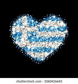 Hellenic Republic flag sparkling badge in heart shape. Icon with Greece national colors with glitter effect. Button design. Vector illustration. One of a series of signs