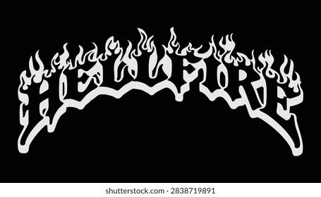 Hellfire white outline fire typography graphic on dark background for darkwear streetwear and metal aesthetic merch design