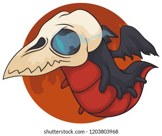 Hellish baby dragon ghost flying with its tiny wings and wearing a skull mask with wildfire in its eyes to scare the damned.