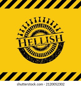 Hellish black grunge emblem with yellow background. Vector Illustration. Detailed. 
