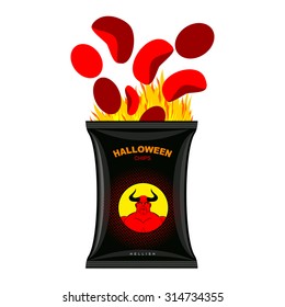 Hellish chips for Halloween. Packing snacks with Satan. Hellfire in black tutus. Red snacks are eliminated from  packaging. direful meal for terrible holiday. Vector illustration Devil's food