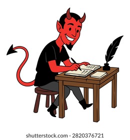 Hellish clerk demon, devil writer, quill and inkwell, hell business, satan character at work.