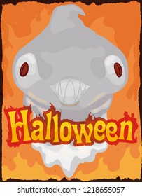 Hellish ghost with macabre smile staring at you and holding a fire sign ready to take you to a scary Halloween celebration.