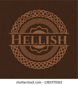 Hellish realistic wooden emblem. Vector Illustration.