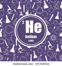 Elemento químico del helio. Firma con número atómico y peso atómico. Elemento químico del cuadro periódico. Líneas conectadas con puntos. Círculo con iconos.