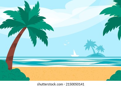 Helllo Summer. Summer Vacation On Sea Beach Landscape with Palms and Island. Beautiful Seascape Banner Seaside Summer Holidays. Nobody.