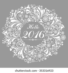 Hello 2016! Round frame. Wreath. Winter card. Vector illustration.