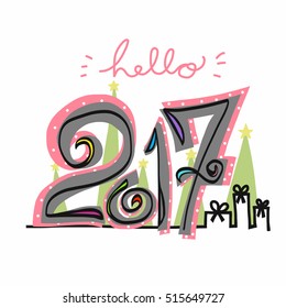 Hello 2017 cute cartoon illustration on white background