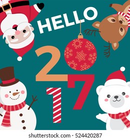 Hello 2017 typographic with cute cartoon illustration for new year and christmas card design.