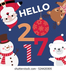 Hello 2017 typographic with cute cartoon illustration for new year and christmas card design.
