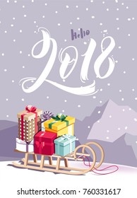 Hello 2018 lettering. Greeting card design with calligraphic design, gift boxes and mountain landscape. Vector illustration