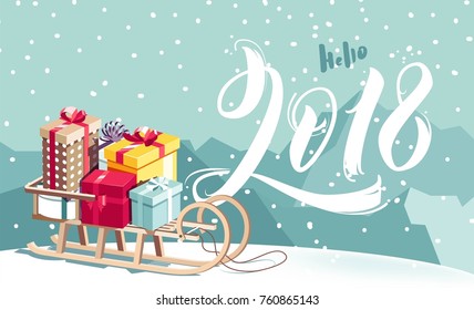 Hello 2018 lettering. Greeting card with calligraphic design, gift boxes and mountain landscape. Vector illustration