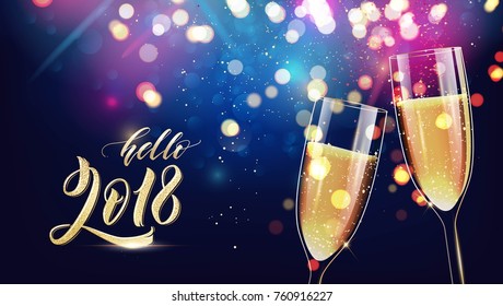 Hello 2018. Merry christmas and happy new year 2018 festive background with two glasses of champagne on sparkling holiday background.  Vector illustration