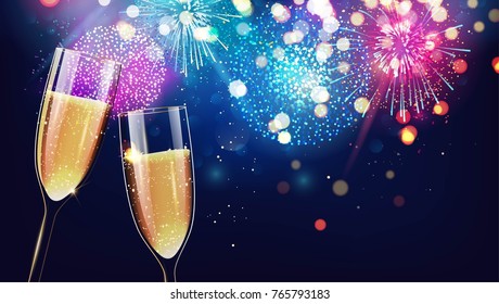 Hello 2018. Merry christmas and happy new year 2018 festive background with two glasses of champagne on sparkling holiday background.  Vector illustration