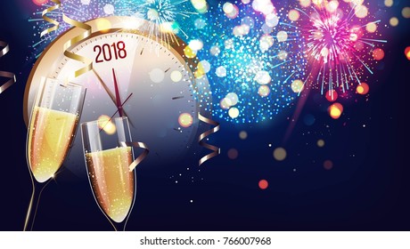 Hello 2018. Merry christmas and happy new year 2018 festive background with two glasses of champagne and clock on sparkling holiday background.  Vector illustration