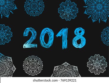 Hello 2018. New Year 2018. New Year's greeting card, cover, banner. Blue Snowflake