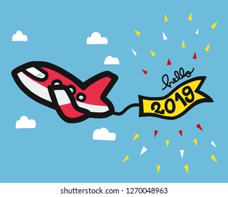 Hello 2019 airplane cartoon vector illustration