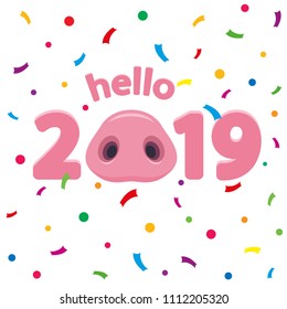 Hello 2019 card, poster, banner with pigs nose. Vector illustration