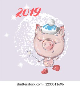 Hello 2019 Cute pig. New year animal symbol, Merry Christmas cartoon pet icon. Happy dancing piggy for girl t-shirt print, greeting card. Hand drawn vector illustration isolated