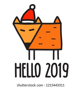 Hello 2019. Funny fox with christmas hat. Hand drawn vector lettering illustration for postcard, t shirt, print, stickers, posters design.