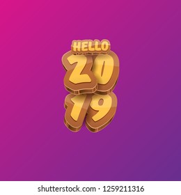 Hello 2019 Happy new year creative design background or greeting card with colorful numbers. Happy new year label or icon isolated on violet background