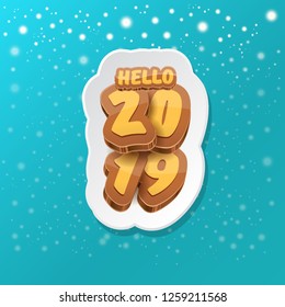 Hello 2019 Happy new year creative design background or greeting card with colorful numbers. Happy new year label or icon isolated on night sky background with stars