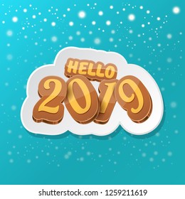 Hello 2019 Happy new year creative design background or greeting card with colorful numbers. Happy new year label or icon isolated on night sky background with stars