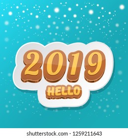 Hello 2019 Happy new year creative design background or greeting card with colorful numbers. Happy new year label or icon isolated on night sky background with stars