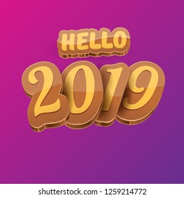 Hello 2019 Happy new year creative design background or greeting card with colorful numbers. Happy new year label or icon isolated on violet background