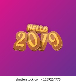 Hello 2019 Happy new year creative design background or greeting card with colorful numbers. Happy new year label or icon isolated on violet background