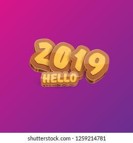 Hello 2019 Happy new year creative design background or greeting card with colorful numbers. Happy new year label or icon isolated on violet background