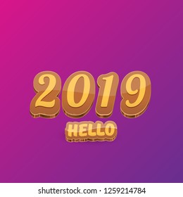 Hello 2019 Happy new year creative design background or greeting card with colorful numbers. Happy new year label or icon isolated on violet background